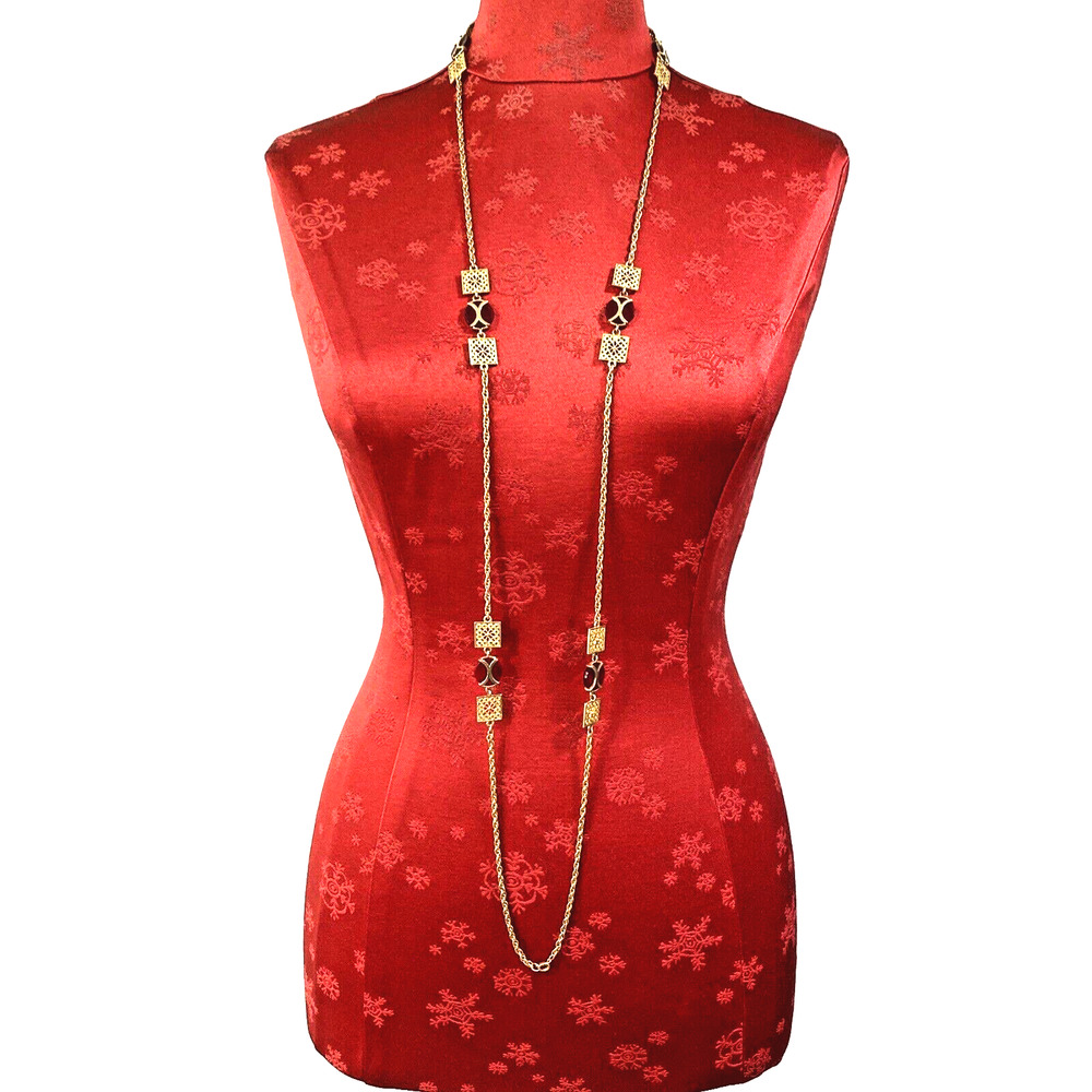 Unique Vintage Necklace Long Flapper Style Single Strand Gold & Red Cased Glass